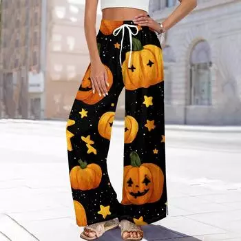 Женские повседневные модные брюки прямого кроя с широкими штанинами, эластичной талией на кулиске, карманами и принтом на Хэллоуин XL
