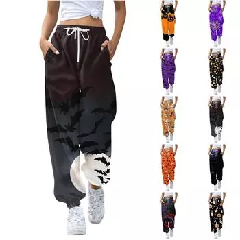 Женские повседневные модные брюки с эластичной резинкой на талии и принтом на Хэллоуин XXXL