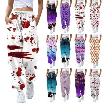 Женские повседневные модные брюки с эластичной резинкой на талии и принтом на Хэллоуин L фиолетовый