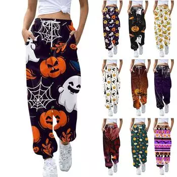 Женские повседневные модные брюки с эластичной резинкой на талии и принтом на Хэллоуин XL чёрный