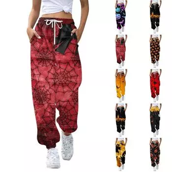 Женские повседневные модные брюки с эластичной резинкой на талии и принтом на Хэллоуин XL фиолетовый