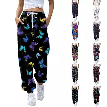 Женские повседневные модные брюки с принтом бабочки, повседневные брюки с эластичной резинкой на талии и шнурком L синий