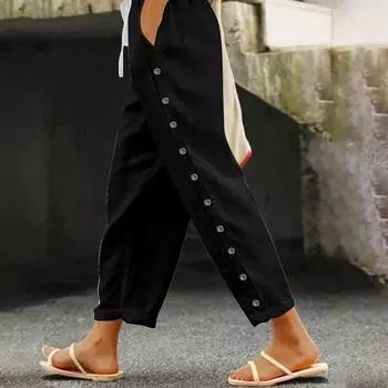 Женские повседневные модные брюки в полоску с принтом сбоку, мешковатые брюки с эластичной резинкой на талии, прямые удобные брюки с карманом L чёрный