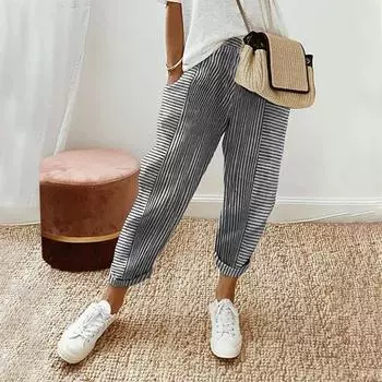 Женские повседневные модные брюки в полоску с принтом, мешковатые удобные брюки с эластичной резинкой на талии, прямые удобные брюки с карманом L чёрный