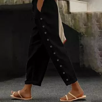 Женские повседневные модные брюки в полоску с принтом сбоку, мешковатые брюки с эластичной резинкой на талии, прямые удобные брюки с карманом L чёрный