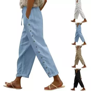 Женские повседневные модные брюки в полоску с принтом сбоку, мешковатые брюки с эластичной резинкой на талии, прямые удобные брюки с карманом L чёрный