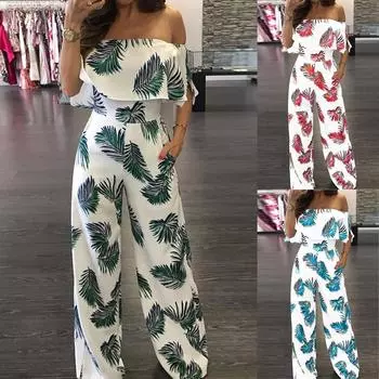 Женские повседневные модные цельные брюки с короткими рукавами и принтом XL синий