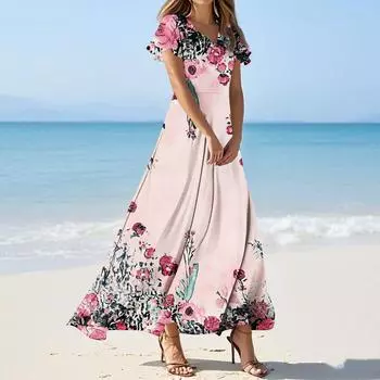 Женские повседневные модные длинные платья с принтом, платья с V-образным вырезом и коротким рукавом XXL