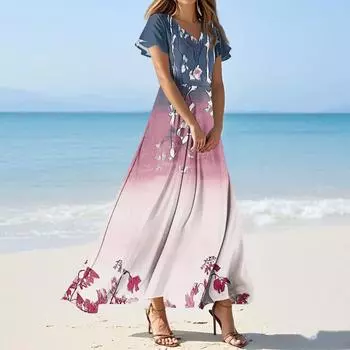 Женские повседневные модные длинные платья с принтом, платья с V-образным вырезом и коротким рукавом M
