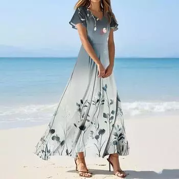 Женские повседневные модные длинные платья с принтом, платья с V-образным вырезом и коротким рукавом L