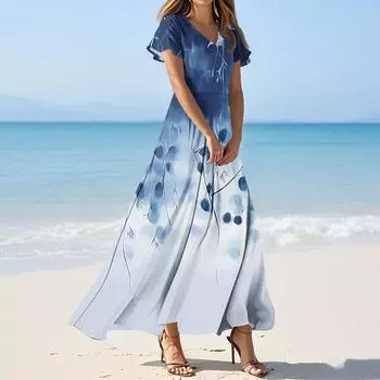 Женские повседневные модные длинные платья с принтом, платья с V-образным вырезом и коротким рукавом L