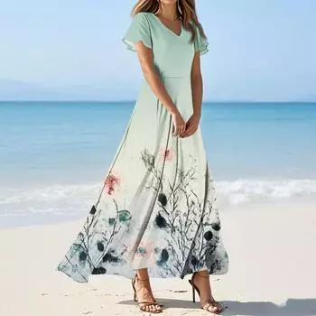 Женские повседневные модные длинные платья с принтом, платья с V-образным вырезом и коротким рукавом M