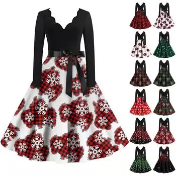 Женские повседневные модные длинные платья с рождественским графическим принтом и длинными рукавами в винтажном стиле XXXXXL