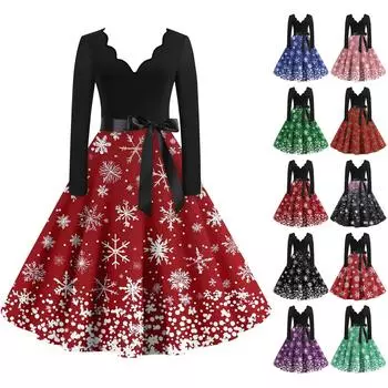 Женские повседневные модные длинные платья с рождественским графическим принтом и длинными рукавами в винтажном стиле M