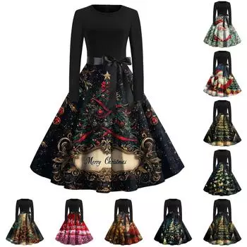 Женские повседневные модные длинные платья с рождественским графическим принтом и длинными рукавами в винтажном стиле XXXXXL красный