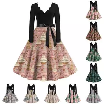 Женские повседневные модные длинные платья с рождественским графическим принтом и длинными рукавами в винтажном стиле XL зелёный