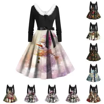 Женские повседневные модные длинные платья с рождественским графическим принтом и длинными рукавами в винтажном стиле XXXXL