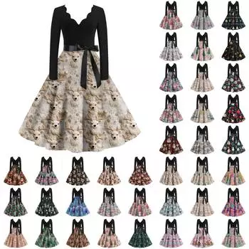 Женские повседневные модные длинные платья с рождественским графическим принтом и длинными рукавами в винтажном стиле L красный