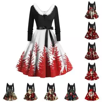 Женские повседневные модные длинные платья с рождественским графическим принтом и длинными рукавами в винтажном стиле XL