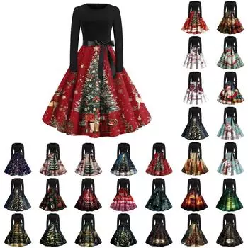 Женские повседневные модные длинные платья с рождественским графическим принтом и длинными рукавами в винтажном стиле XXXL тёмно-синий
