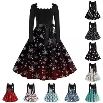 Женские повседневные модные длинные платья с рождественским графическим принтом и длинными рукавами в винтажном стиле XXXXL синий