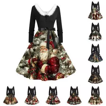 Женские повседневные модные длинные платья с рождественским графическим принтом и длинными рукавами в винтажном стиле S