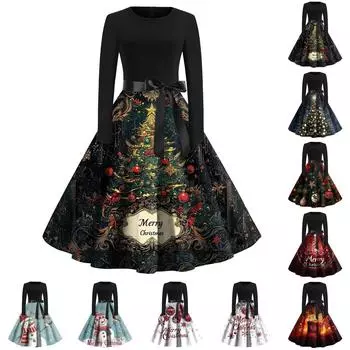 Женские повседневные модные длинные платья с рождественским графическим принтом и длинными рукавами в винтажном стиле XL коричневый