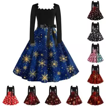 Женские повседневные модные длинные платья с рождественским графическим принтом и длинными рукавами в винтажном стиле XXXXL