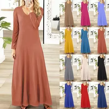 Женские повседневные модные длинные платья с длинным рукавом, однотонные, винтажные, длинные, осень L бежевый