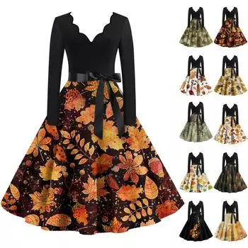 Женские повседневные модные длинные платья с длинным рукавом в стиле ретро с графическим принтом в винтажном стиле на осень L армия зеленый