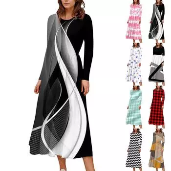 Женские повседневные модные длинные платья с полосками и принтом в винтажном стиле на осень L чёрный