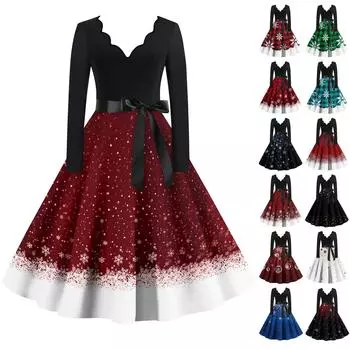 Женские повседневные модные длинные платья с рождественским графическим принтом и длинными рукавами в винтажном стиле XXL белый