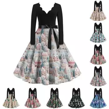 Женские повседневные модные длинные платья с рождественским графическим принтом и длинными рукавами в винтажном стиле XXL белый