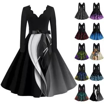 Женские повседневные модные длинные платья с длинным рукавом в стиле ретро с графическим принтом в винтажном стиле на осень XXL