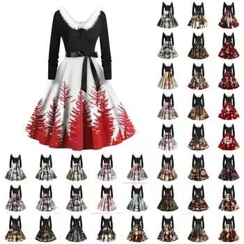 Женские повседневные модные длинные платья с рождественским графическим принтом и длинными рукавами в винтажном стиле XXXXXL чёрный