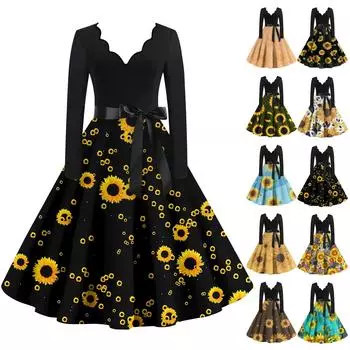 Женские повседневные модные длинные платья с длинным рукавом в стиле ретро с графическим принтом в винтажном стиле на осень L армия зеленый