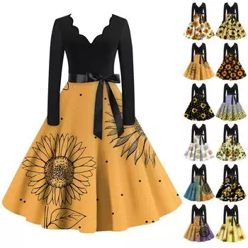 Женские повседневные модные длинные платья с длинным рукавом в стиле ретро с графическим принтом в винтажном стиле на осень S оранжевый