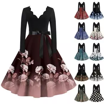 Женские повседневные модные длинные платья с длинным рукавом в стиле ретро с графическим принтом в винтажном стиле на осень L