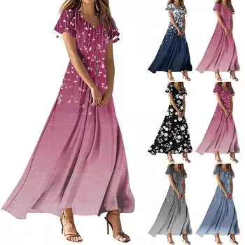 Женские повседневные модные длинные платья с принтом, платья с V-образным вырезом и коротким рукавом L