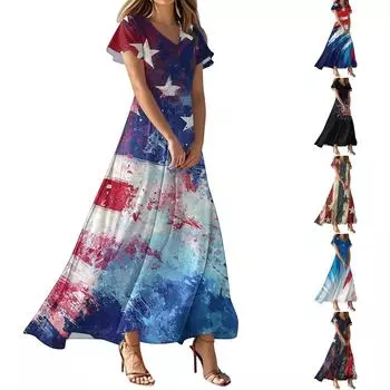 Женские повседневные модные длинные платья с принтом, платья с V-образным вырезом и коротким рукавом XXL