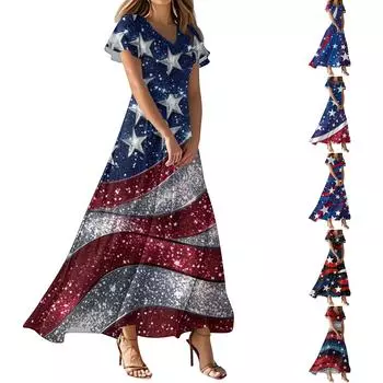 Женские повседневные модные длинные платья с принтом, платья с V-образным вырезом и коротким рукавом L синий