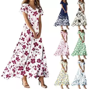 Женские повседневные модные длинные платья с принтом, платья с V-образным вырезом и коротким рукавом L оранжевый