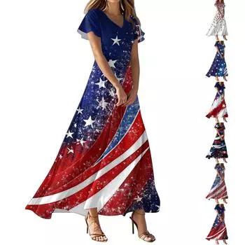 Женские повседневные модные длинные платья с принтом, платья с V-образным вырезом и коротким рукавом L чёрный