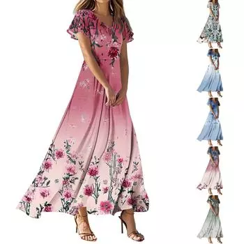 Женские повседневные модные длинные платья с принтом, платья с V-образным вырезом и коротким рукавом L