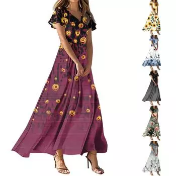 Женские повседневные модные длинные платья с принтом, платья с V-образным вырезом и коротким рукавом L