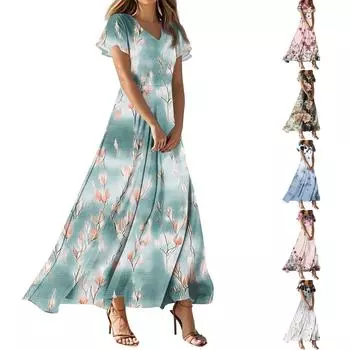 Женские повседневные модные длинные платья с принтом, платья с V-образным вырезом и коротким рукавом L