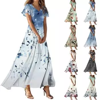 Женские повседневные модные длинные платья с принтом, платья с V-образным вырезом и коротким рукавом L
