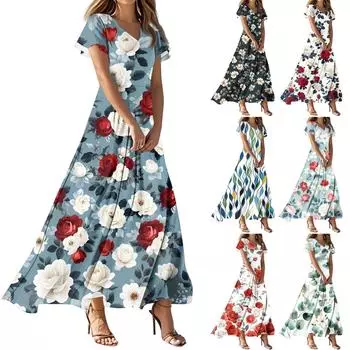 Женские повседневные модные длинные платья с принтом, платья с V-образным вырезом и коротким рукавом L