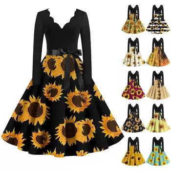 Женские повседневные модные длинные платья с длинным рукавом в стиле ретро с графическим принтом в винтажном стиле на осень XL золотой