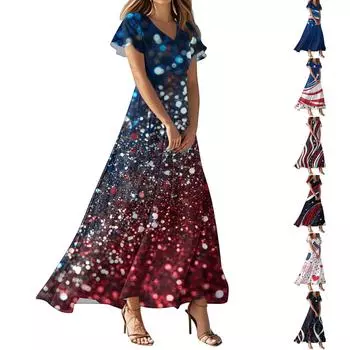 Женские повседневные модные длинные платья с принтом, платья с V-образным вырезом и коротким рукавом XXL